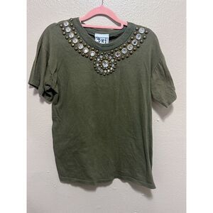 3-Di‎ Olive Green Rhinestone Studded Embellished T-Shirt Womens Size Large